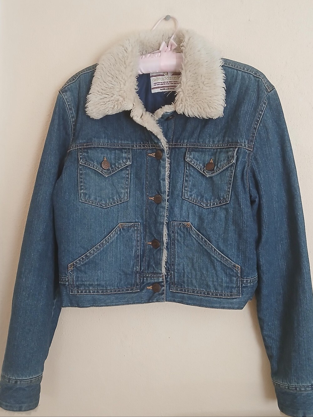 Aeropostale Blue Denim Jacket with Cream Sherpa Collar